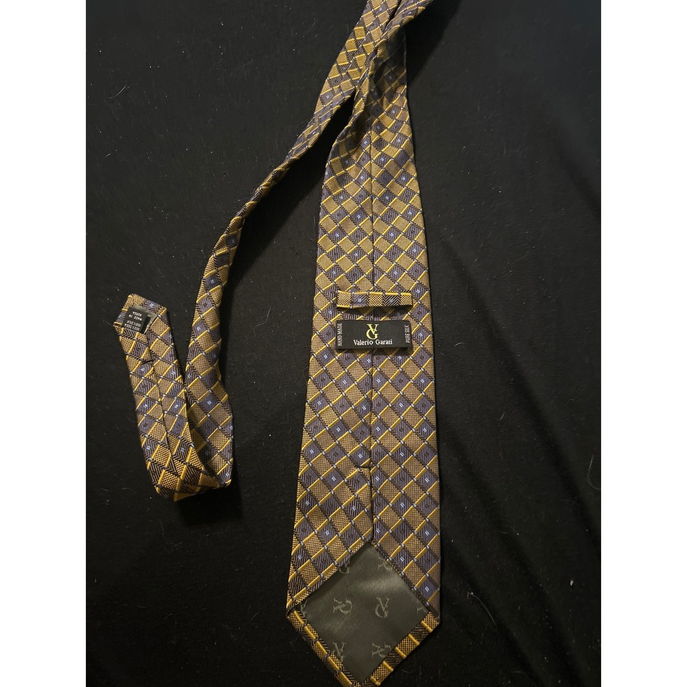 Valerio‎ Garati Mens Silk Tie Gold Navy Blue Geometric Check Hand Made Necktie